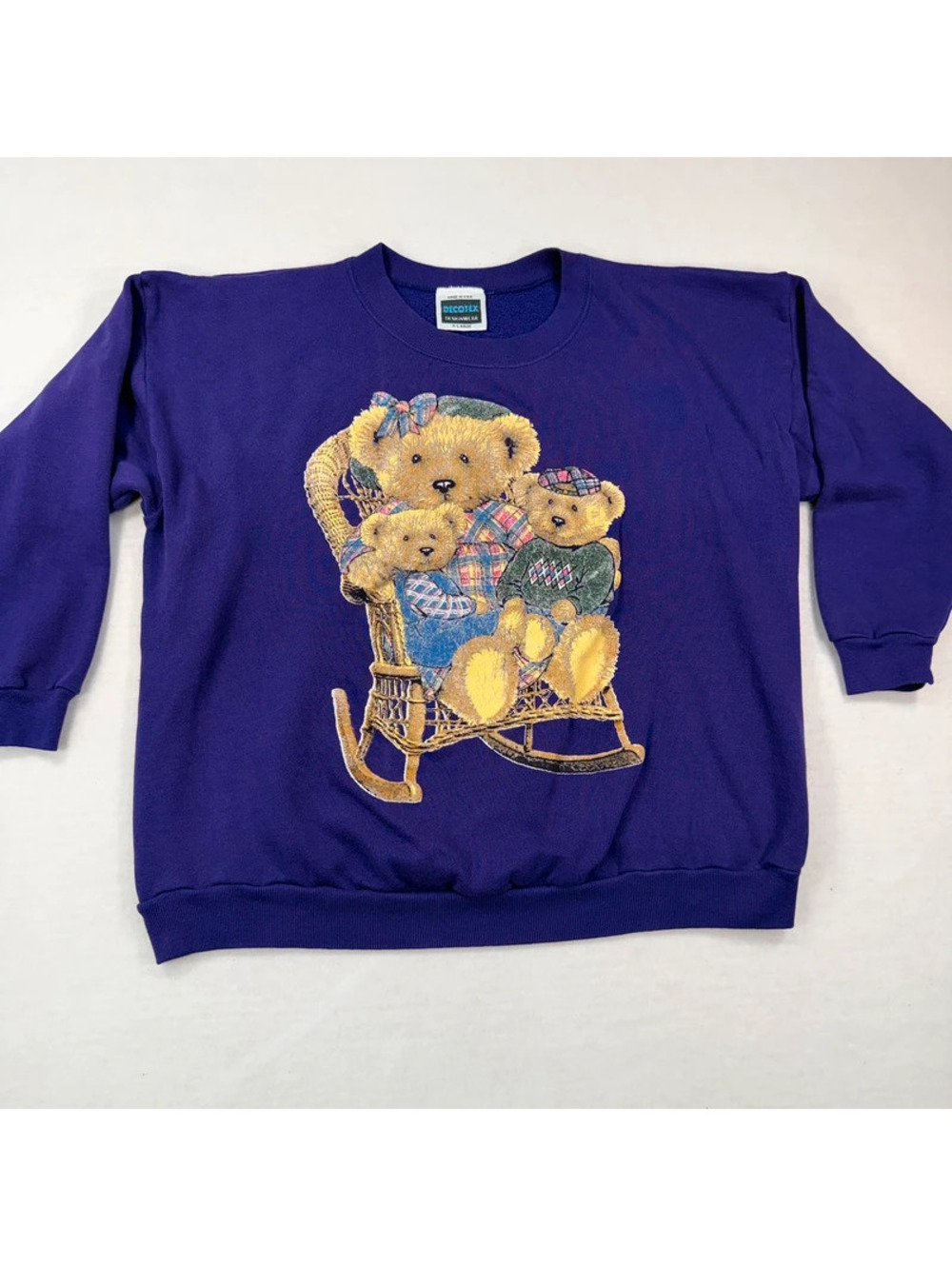 Vintage 90s Decotex Teddy Bear Family Sweatshirt XL Purple Rocking Chair USA